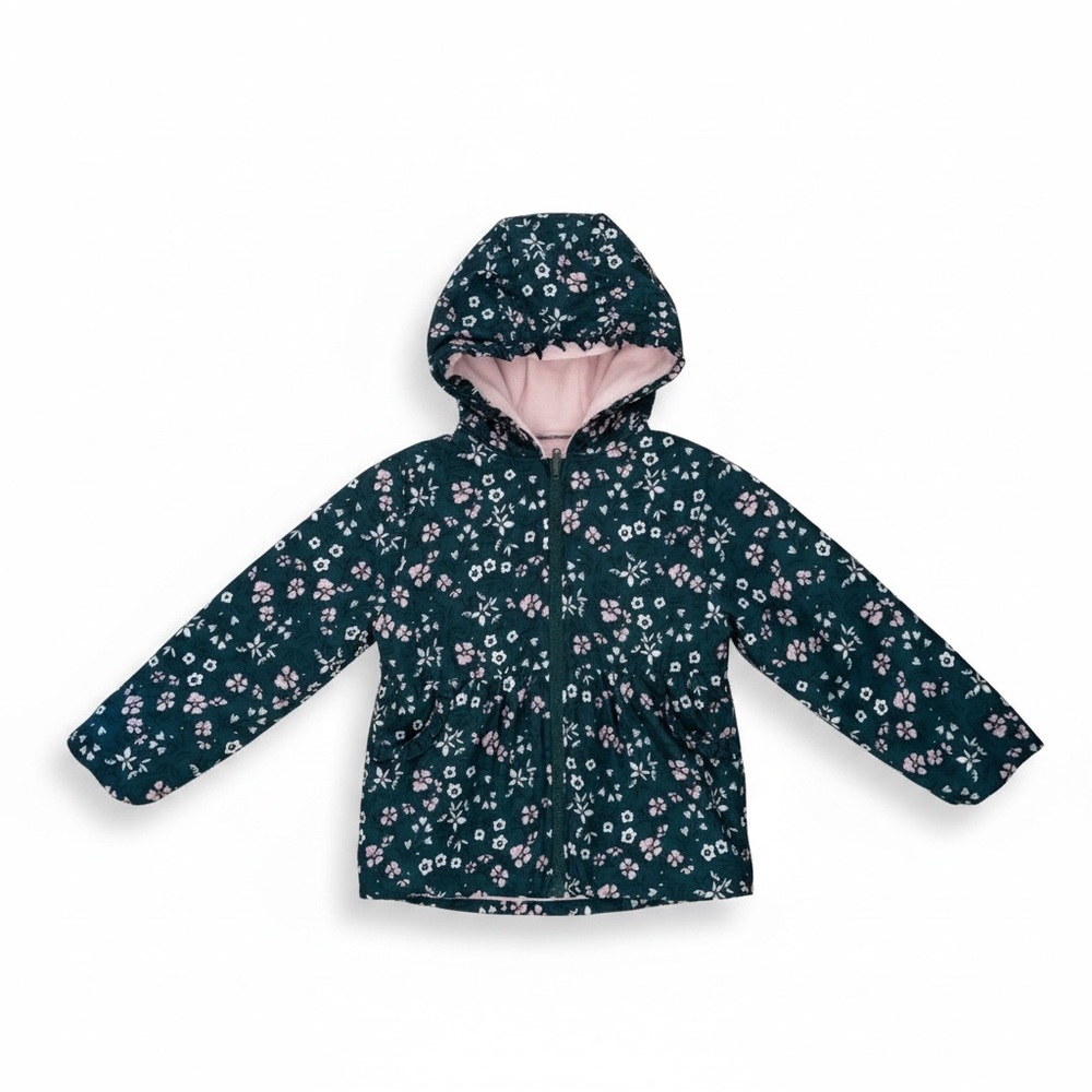 Girls Floral Puffer Jacket Hooded Fleece Lined Size 6X Green Pink